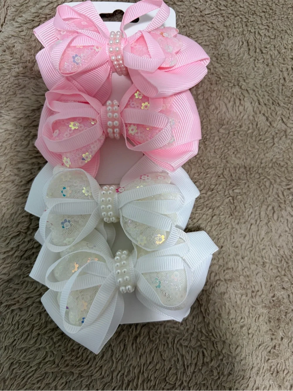 Girls Pink & White Sequin Bow Hair Clips with Pearl Center - 4 Pack